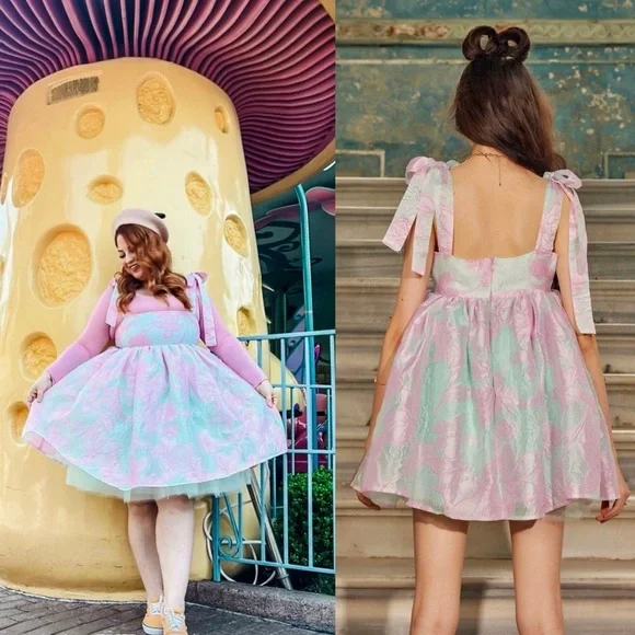 WOLF & BADGER Floral Embossed Tulle Sleeveless Bow Strap Babydoll‎ Puff Dress XS - Picture 5 of 14